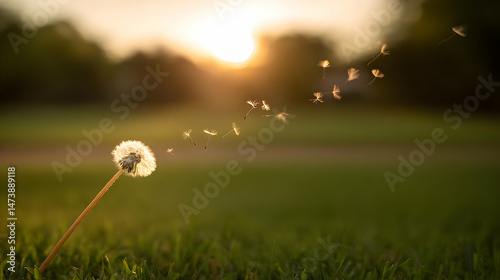 Dandelion releases seeds in meadow at sunset golden hour