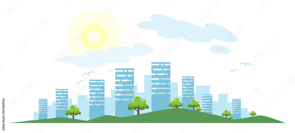 A shadowy silhouette of a city skyline with trees in front A shadowy silhouette of a city skyline with trees in front