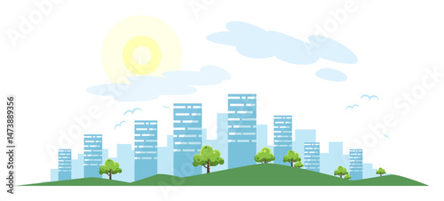 A shadowy silhouette of a city skyline with trees in front