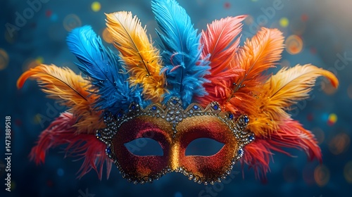 Carnival feathered mask in Rio-style with glitter and sequins, festive floating prop
