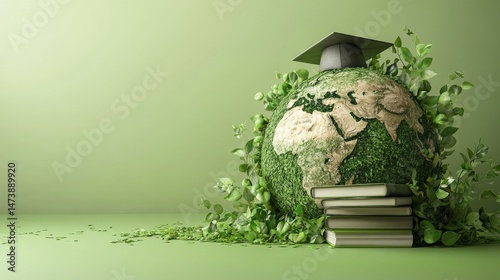 The concept of eco education promotes sustainable learning for the betterment of our planet, symbolized by an earth model wearing a graduation cap, surrounded by growing plants, emphasizing