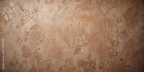 Faded brown wallpaper with intricate geometric design, peeling edges showing aged plaster , decay, geometric pattern