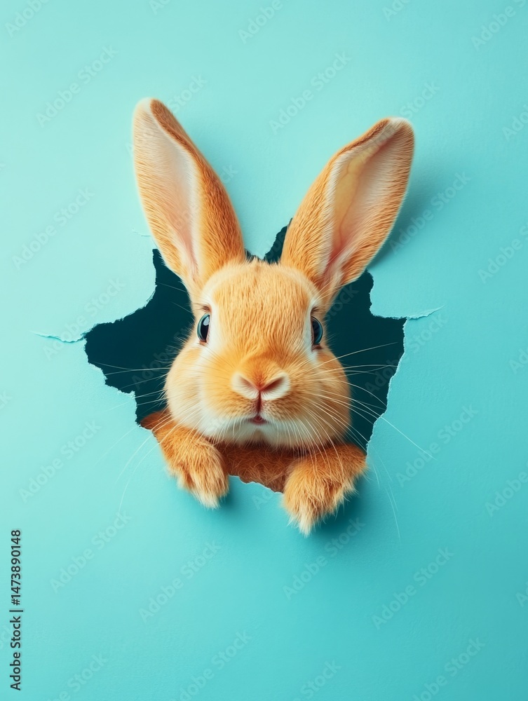 Obraz premium A fluffy-eared Easter bunny is peeking out of a torn hole in a blue wall, as depicted in a banner image