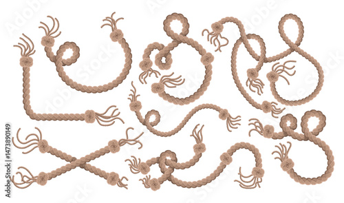 Set of hanging ropes with tassel and node. Knitted nautical threads or marine vertical fibers. Textile tassel hang at ropes isolated on white background. Vector illustration