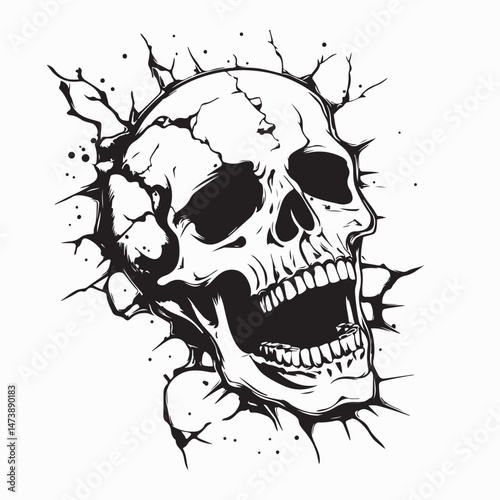 Human Skull Emerging from Cracked Ground in Dramatic Scene Vector Illustration on White Background
