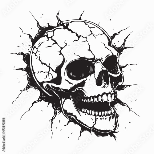 Human Skull Emerging from Cracked Ground in Dramatic Scene Vector Illustration on White Background
