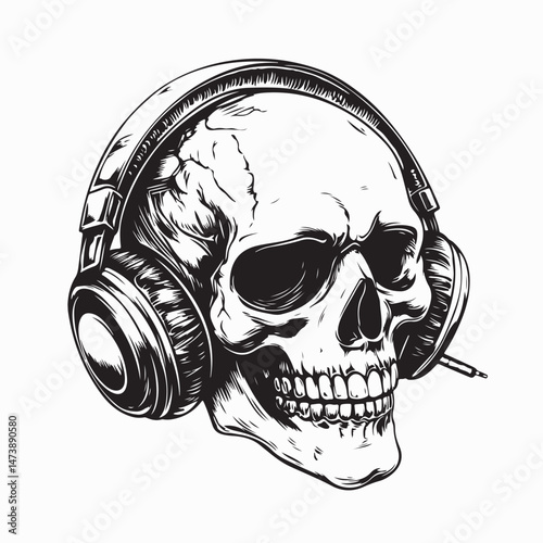 Skull head wearing headphone image vector on white background.
