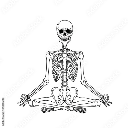 Skeleton meditating in a spiritual pose on a white background  