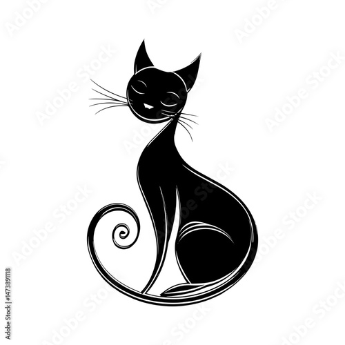 Stylish Black Cat: A sleek, stylized black cat sits serenely, its elegant form outlined against a white background. Its calm demeanor and graceful pose evoke a sense of quiet sophistication.