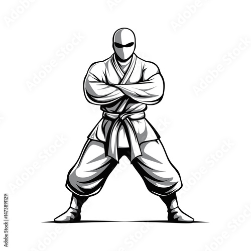 Ninja's Steadfast Stance: A monochrome image depicts a formidable ninja, poised in a position of unyielding focus, exuding an aura of silent resolve.