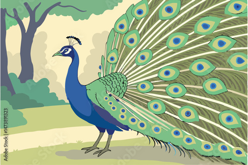104 a detailed painting of a majestic peacock with vibrant plumage, showing its magnificent tail feathers in full display, hyper-realistic, 8k, highly detailed, extremely sharp focus, award-winning, d