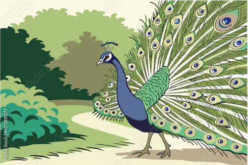 104 a detailed painting of a majestic peacock with vibrant plumage, showing its magnificent tail feathers in full display, hyper-realistic, 8k, highly detailed, extremely sharp focus, award-winning, d