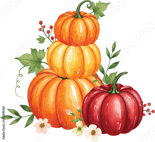 Watercolor Stacked Pumpkins with Autumn Leaves and Berries