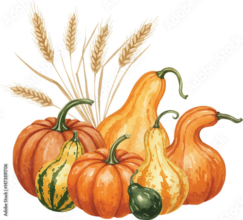 Autumn Harvest Pumpkins Gourds and Wheat Watercolor