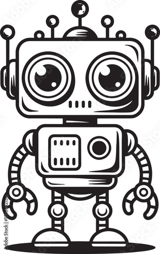 Friendly cartoon robot illustration black and white isolated on a white background