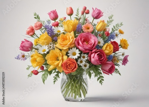 Vibrant watercolor floral bouquet, roses, daisies, tulips ,  art,  bright