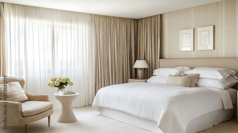 Fototapeta premium Contemporary bedroom with curved headboard and matching rounded side tables