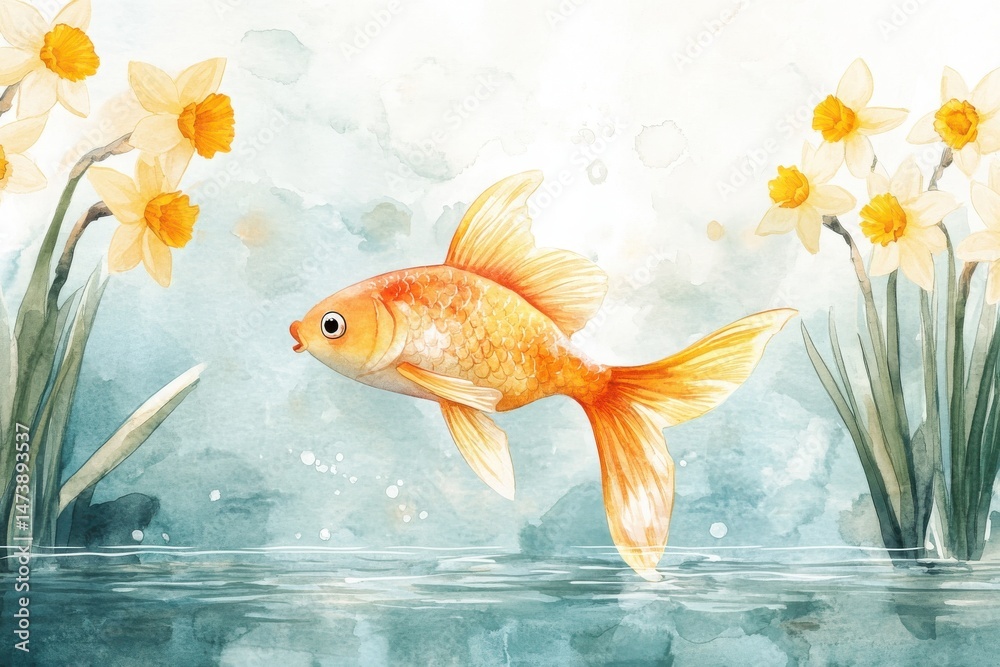 Naklejka premium A vibrant goldfish swims in clear water, surrounded by blooming yellow daffodils and soft watercolor background.