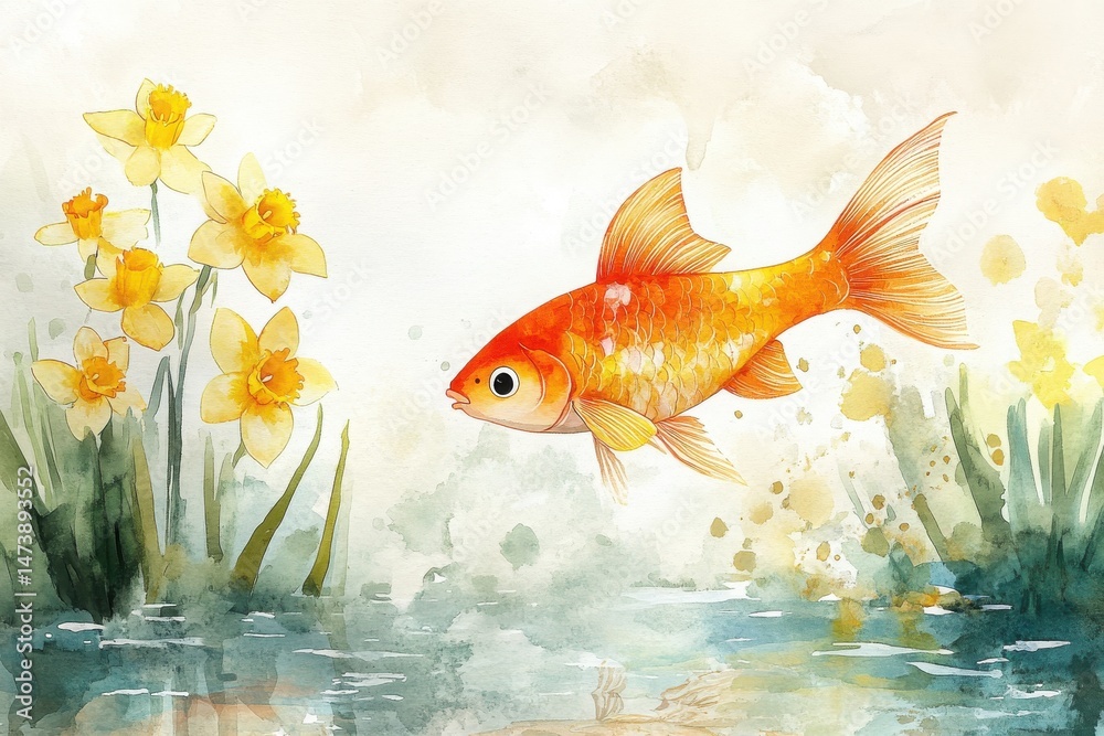 Fototapeta premium A vibrant goldfish swims near yellow flowers in a serene, watercolor pond scene.