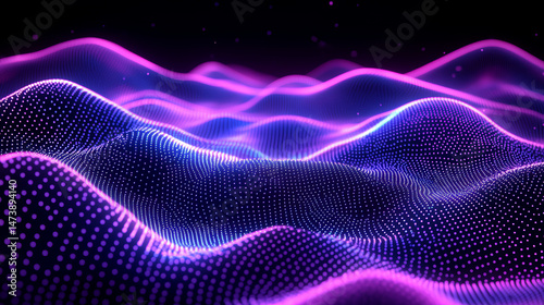 Abstract digital landscape of undulating, glowing, dotted lines in vibrant purple and blue