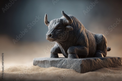 Gray stone bull statue on a rocky pedestal.
