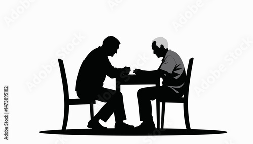 Elderly man and younger man engaging in conversation at table, connection