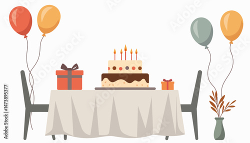 Elderly birthday table setting with cake and balloons, celebration joy