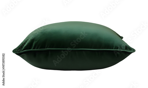 Dark green velvet cushion, softly curved edges, luxurious texture.  Side view