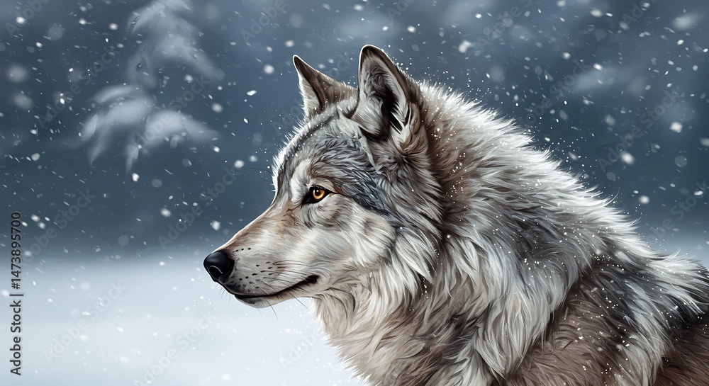 Naklejka premium Winter's Watch: Grey Wolf in Snowfall