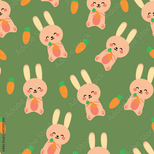 Seamless pattern with cute cartoon rabbit and carrot, for fabric prints, textiles, gift wrapping paper. children's flat and colorful style