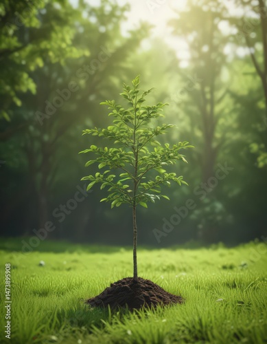 Tiny tree sapling against lush green backdrop ,  leaf,  nature,  forest