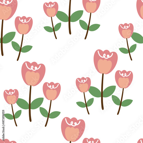 Seamless pattern with cute cartoon tulip flower, for fabric prints, textiles, gift wrapping paper. children's flat and colorful style