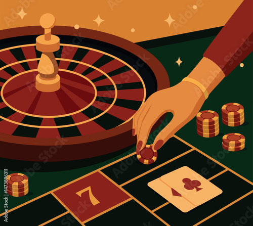 Casino. Vector illustration of a female hand, making a bet in a casino on the background of roulette, chips, playing cards. Gambling, jackpot, luck, minimalist design. Use for casino projects