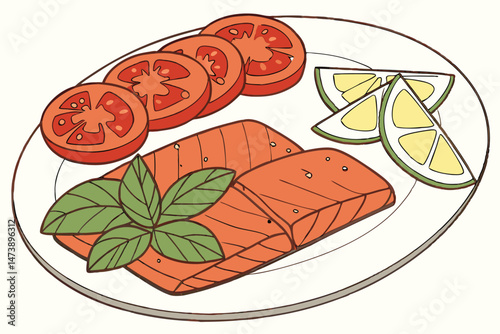106 tomato slices, fresh basil leaves, lemon wedge, grilled salmon fillets, ceramic plate, close-up food photography