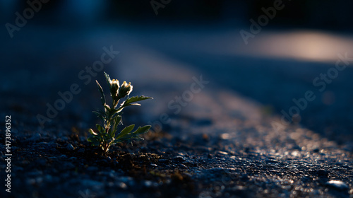 A diminished sprout emerging from urban center mineral pitch