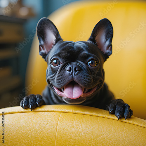 This delightful image features a charming French Bulldog peeking over a vibrant yellow seat, highlighting its inquisitive nature and enhancing feelings of joy and affection.