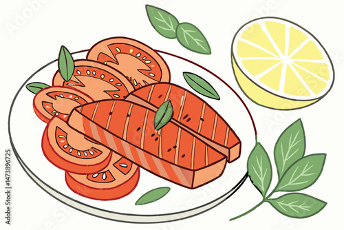 106 tomato slices, fresh basil leaves, lemon wedge, grilled salmon fillets, ceramic plate, close-up food photography