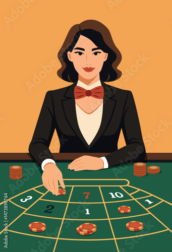 Vector illustration of a female croupier at a casino gaming table. Chips, bets, excitement, strategy. Minimalistic flat design for casino, poker and gambling projects