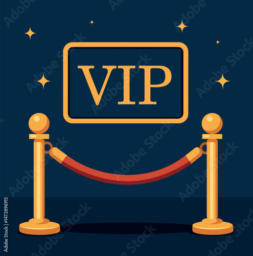 Vector illustration of VIP zone - golden fence with ribbon and sign. Elegance, privileges, luxury, roemium atmosphere in minimalist style for casino projects, events