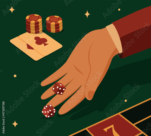 Vector minimalistic retro illustration of male hand throwing dice, playing dice on green casino background, chips, cards. Casino scene symbolizes excitement, risk. Use for casino and poker projects