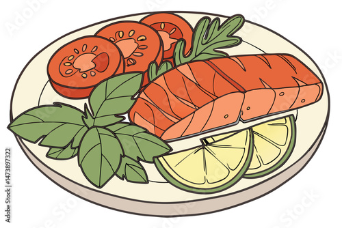 106 tomato slices, fresh basil leaves, lemon wedge, grilled salmon fillets, ceramic plate, close-up food photography