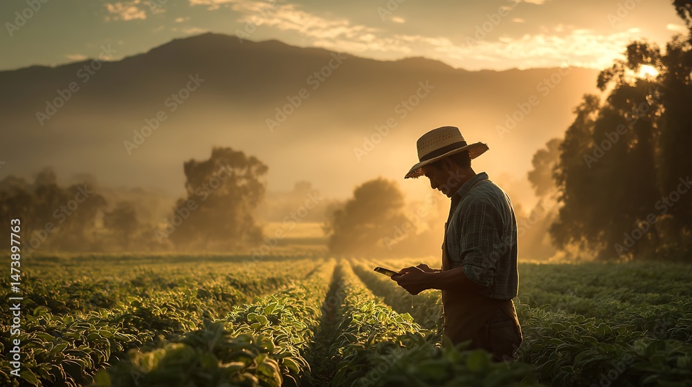 Fototapeta premium Farmer checking his crops at sunset 