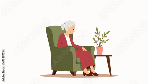 Elderly woman sitting thoughtfully in armchair, serene contemplation