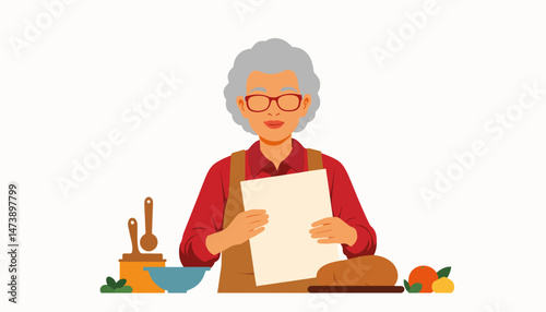 Elderly woman sharing family recipe in cozy kitchen, home cooking