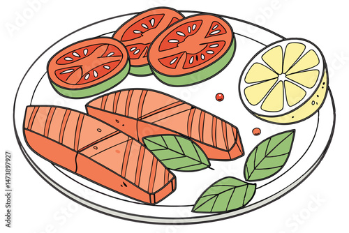 106 tomato slices, fresh basil leaves, lemon wedge, grilled salmon fillets, ceramic plate, close-up food photography
