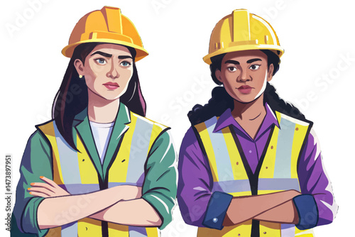 Confident female construction worker in safety vest and hard hat standing with arms crossed symbolizing safety, strength, and professionalism in industrial or hazardous environments. Isolated on white