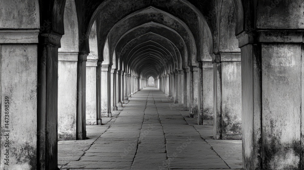 Fototapeta premium Quiet temple corridor lined with arches and columns in symmetry