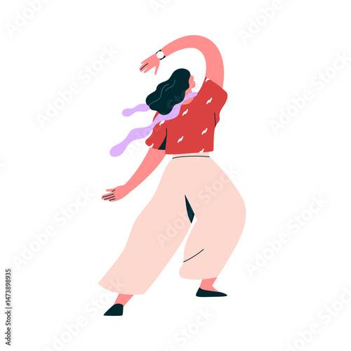 Woman dancing from behind. Young girl, contemporary modern female dancer with raised arm, energetic pose, graceful movement, back rear view. Flat vector illustration isolated on white background