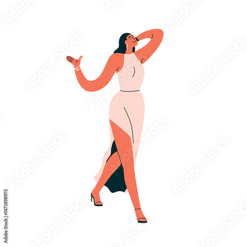 Elegant sexy woman walking in evening dress. Graceful attractive young female with confident smile, heels and jewelry, beautiful pose, chic style. Flat vector illustration isolated on white background