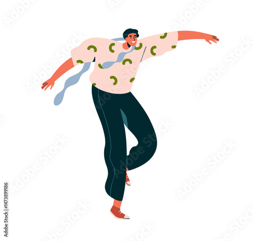 Happy dancing man with arms spread. Joyful energetic young male in emotional movement, pose, smiling, enjoying music party, disco, freedom. Flat vector illustration isolated on white background